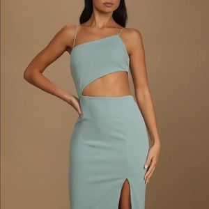 Lulu’s Sage Blue Asymmetrical cutout midi dress